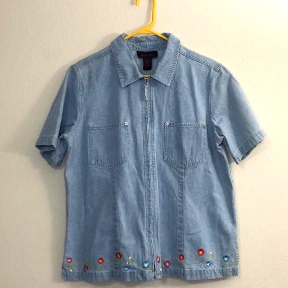 Vintage 90s Denim & Co Size Large Short Sleeve Embroidered Floral Shirt Zipper